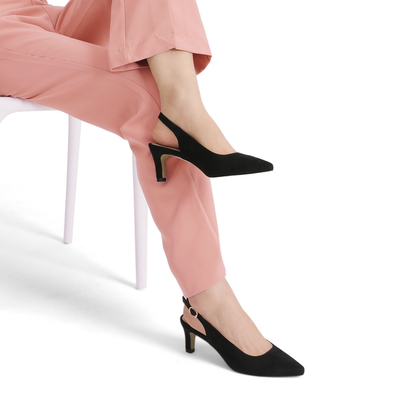 Pointed Toe Kitten Heel Slingback Pumps - BLACK SUEDE - 1